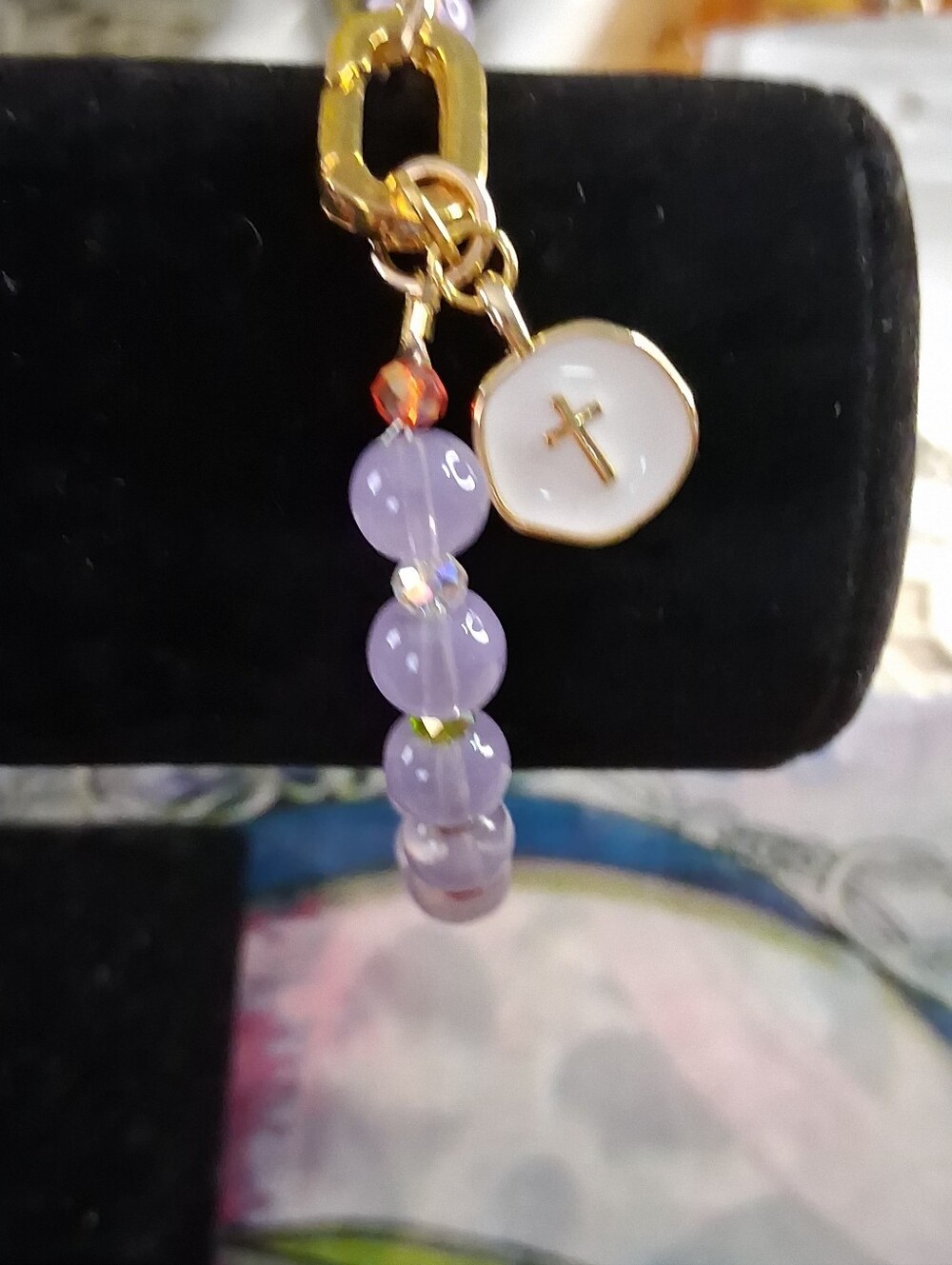 Lavender Beaded Charm Bracelet with Gold Cross Accent